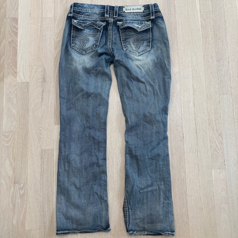 Rock Revival Kai Easy Boot Jeans Womens 32 Blue Denim Good Rhinestone Pockets